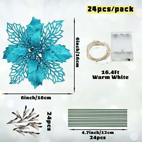 Koilluxu Artificial Lake Blue Christmas Flowers 24Pcs Glitter Fake Poinsettia Flowers Christmas Tree New Year Ornaments Flower Decorations 6" Diy Wreath Accessories Wedding Xmas Garland Décor #TOP4