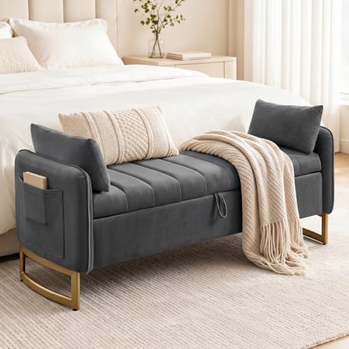 66" King Size End of Bed Bench, Storage Bench for Bedroom, Dark Grey