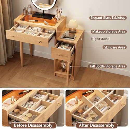 Image of Luxury 100% Solid Wood Vanity Desk with Mirror, Mid-Century Modern Makeup Table with Glass Top & Ambient Light, 2-in-1 Vanity and Nightstand with Storage Cabinet for Bedroom ([Natural] Desk + Mirror)