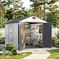 Greesum 8x10FT Resin Outdoor Storage Shed with Floor and Windows, All Weather Plastic Shed with Lockable Door & Vents for Garden, Backyard, Lawn, Light Gray