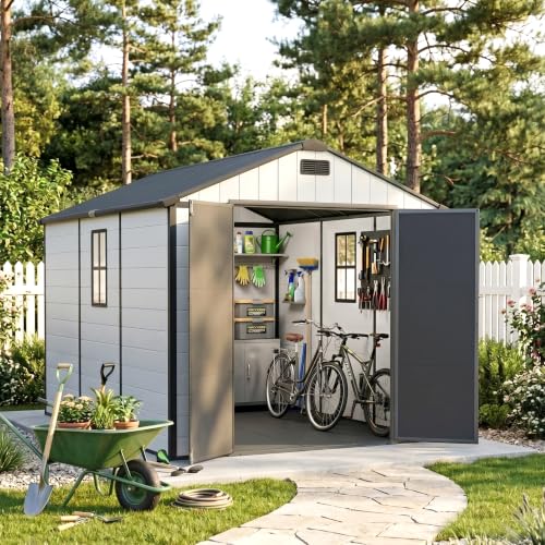 Image of Greesum 8x10FT Resin Outdoor Storage Shed with Floor and Windows, All Weather Plastic Shed with Lockable Door & Vents for Garden, Backyard, Lawn, Light Gray