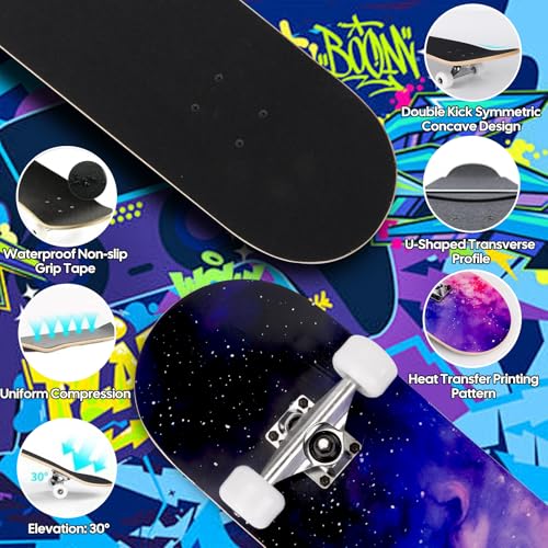 Image of Skateboards for Beginners Adults Youths Teens Kids Girls Boys 31 Inch Pro Complete Skate Boards 7 Layer Canadian Maple Double Kick Concave Longboards
