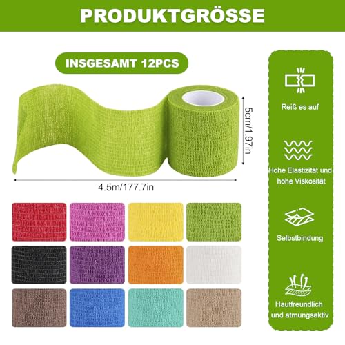 Selbstklebender Verband, 12 Rollen 7.5cm x 4m Selbsthaftende Bandage für Erste Hilfe Fixierbinde, Kohäsiver Verband, Selbsthaftende Elastische Haftbandage für Handgelenk Knöchel Sportler Vet Wrap