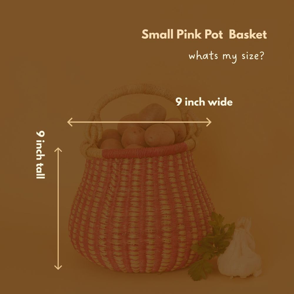 Fruit Basket for Kitchen Countertop, Natural and Pink, 10 Inch Wide