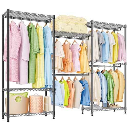 Heavy Duty Rolling Garment Rack 3 Tiers Adjustable Wire Shelving Clothes Rack with Rods Storage Closet Clothing Rack Black 15.7" D x 70.8" W x 76.5" H