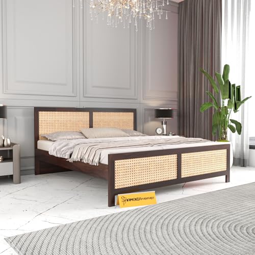 Image of Sheesham Wood Cane Bed Without Storage for Bedroom | King Size Wooden Double Bed Palang with Rattan Headboard & Footboard (Walnut Finish)