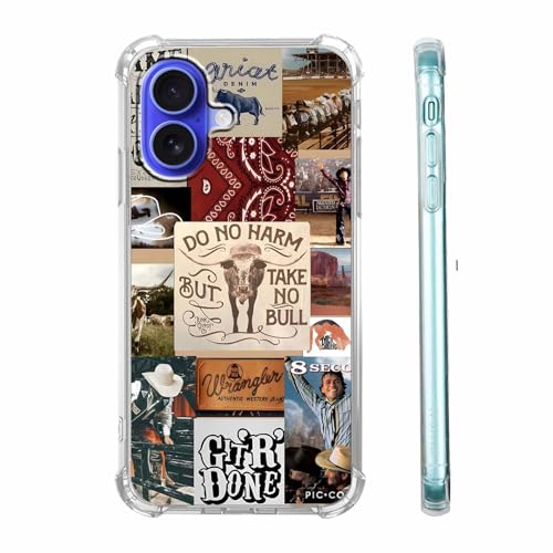 malegaon Western Cow Case for iPhone 16,Cowboy Cowgirl Cattle Collage Phone Case,Soft TPU Bumper Case for iPhone 16,6.1"