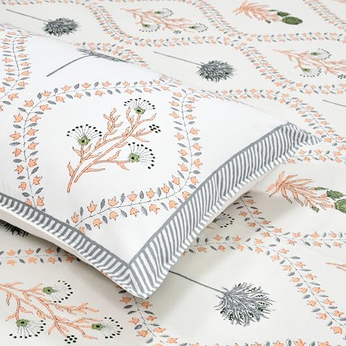 Image of DE CAMA Since 1997 | 100% Cotton 300 TC Premium Super King Size Bedsheet for Double Bed (108 x 108 Inch) with 2 Pillow Covers Set (17 x 27 Inch) Hand Block Printed Bedsheet Set - Urbana White