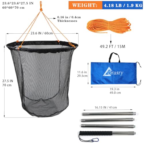 Drasry Large Collapsible Bridge Pier Fishing Net Landing Net with Rod, High Load Aluminum Ring Drop Net for Saltwater and Freshwater Rubber Coated Basket with 49.2 ft Rope 23.6 * 23.6 * 27.5 in by Drasry - Image 2