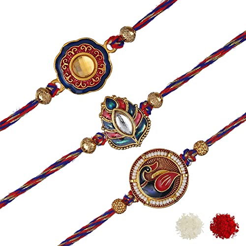 Image of eCraftIndia Multicolor Set of 3 Semi Precious Stone Designer Rakhis with Roli Chawal Pack - Rakhi for Brother