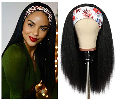 BABEHERS Yaki Headband Wigs for Black Women 18 Inch None Lace Front Wigs with Headband Attached Black Long Straight Synthetic Wig Glueless Half Wigs for Women Daily Use Easy to Wear (#1B)