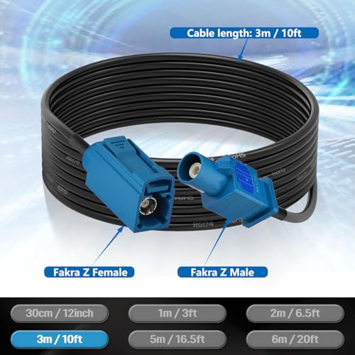 SZSAUTO Fakra Z Male to Female 10 Ft 3m Car Antenna Extension Cable for Vehicle Stereo Android Head Unit GPS Navigation Sirius XM Satellite Radio AM FM Radio 4G LTE Telematics Bluetooth Module - Thumbnail 2