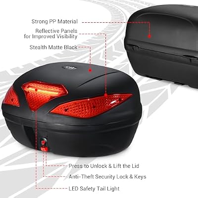 Yescom AHR 48L Motorcycle Top Case with Light Universal Tour Tail Box Scooter Trunk