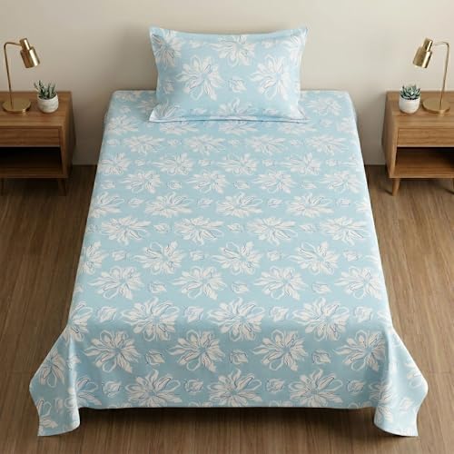 Image of Mafatlal 186 TC Metro Cotton Single Bedsheet | 90 x 60 Inch | Soft Breathable Fabric with Pillow Cover | Lightweight Daily Use Bed Sheet | Arctic Blue