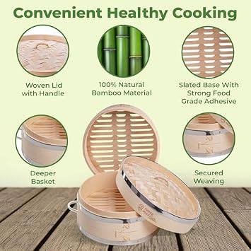 Three Way Cut 6 Inch Dumpling Bamboo Steamer 2 Tier - Steel Reinforced, 100PCS Liners, Round, Natural