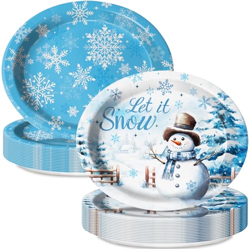 LINHAXM 30 Count Christmas Paper Plates, 9 x 11 Inch Large Disposable Christmas Snowman & Snowflakes Oval Plates for Holiday Xmas Dinnerware Table Decorations