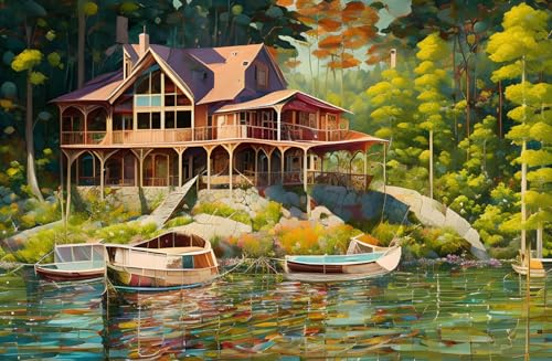 Lac avec une vue patchwork affiche sur toile pour un salon serein et moderne