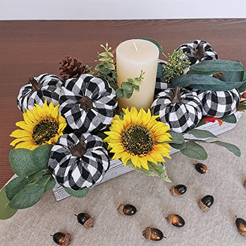 Besttoyhome Set Of 8 Small Faux Autumn Decorative Fabric Pumpkins Foam Pumpkins In Black & White Buffalo Check For Rustic Farmhouse Fall Halloween Thanksgiving Harvest Table Mantel Kitchen Decor #TOP5
