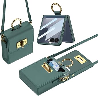 Mini Backpack Folding Phone Case for Samsung Galaxy Z Flip 7, Cross-Body Chain Leather Bag for Flip7, Multi-Function Holster Green,Bag&Case