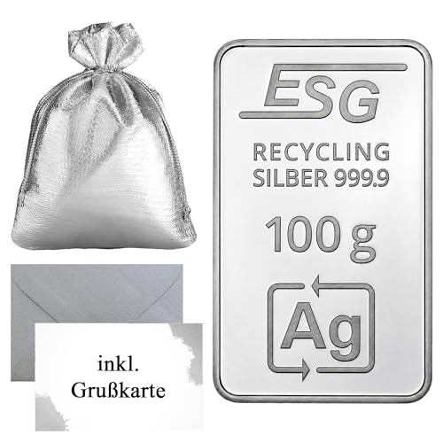 ESG Recycling Silberbarren Ag 999 9 Feinsilber Made in Germany Silberbarren mit Echtheitsgarantie Grußkarte Umschlag & Geschenkbeutel Silbergeschenk von Silberstücke24 (100g)