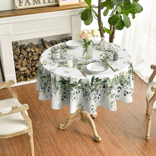 Image of Horaldaily Spring Tablecloth 70 x 70 Inch Round Green Eucalyptus Seasonal | Washable Table Cover for Party Picnic Dinner Decor