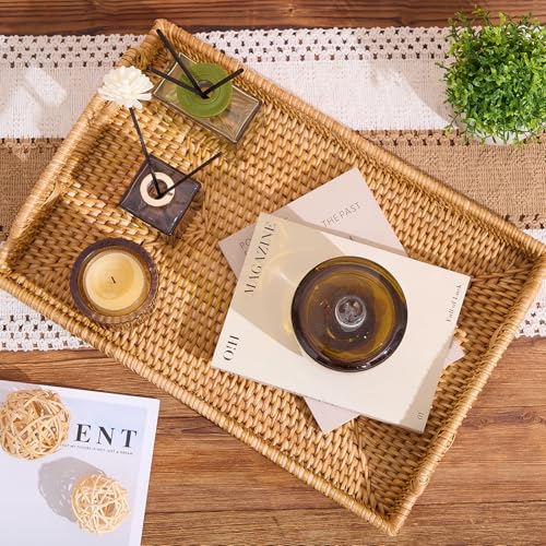 Rattan Rectangular Serving Tray with Handles, Hand-Woven Wicker Decorative Tray for Coffee Table,Vintage Boho Style Decor for Dining, Kitchen, Bathroom, Outdoor(14.4"x10.4"x1.4") by Kmelep - Image 7