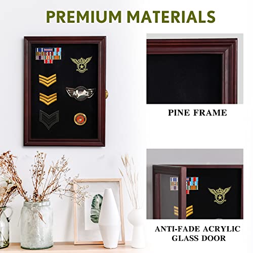 Image of Pine Pin Display Case, 11 inchx15 inch Non-Dust Pin Collection Display Shadow Box with High Transparency UV Protection Acrylic Glass Door for Jewelry Pins, Military Badges, Medals, Red Finish