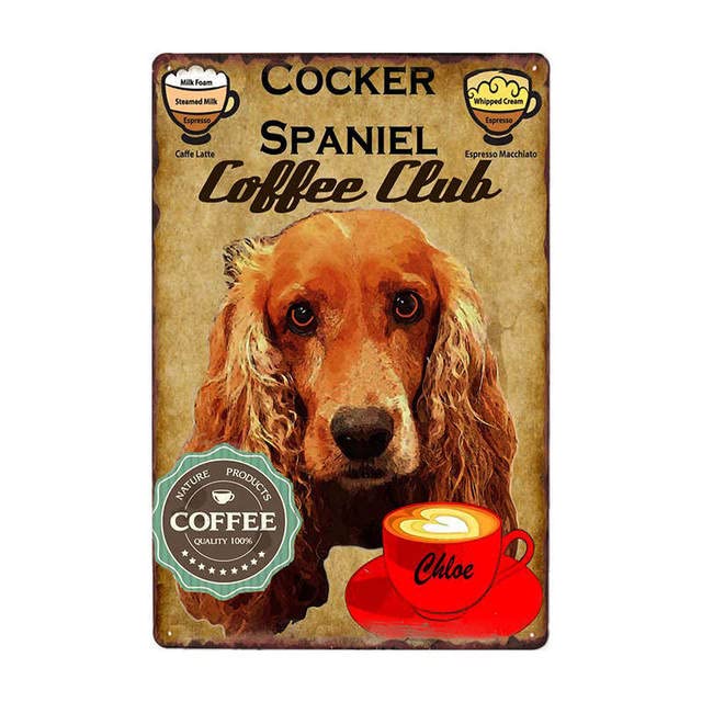 Juego de 4 placas de café para perros, de metal, vintage, de estaño, para café, bar, póster de pared, pub, pintura artística, 20 x 30 cm