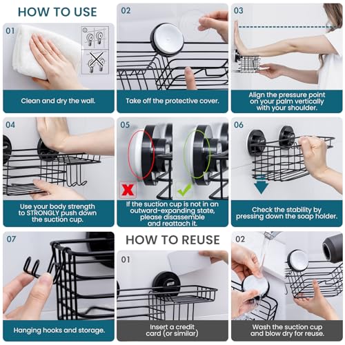 image for TAILI Shower Caddy Suction Cup 2 Pack with Hooks & Soap holder, Heavy 