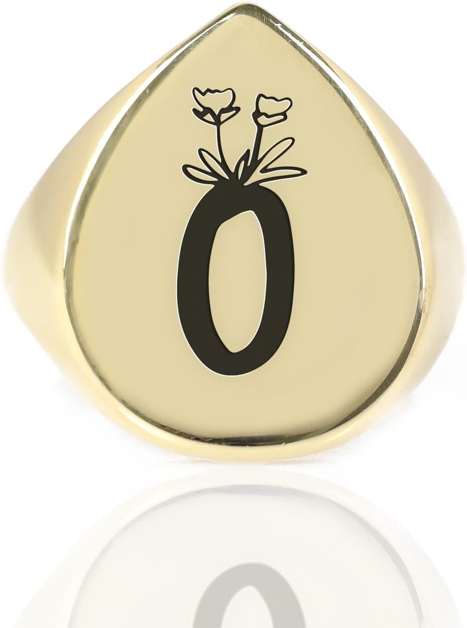 24k Gold Letter Ring - Personalized Jewelry - Pear Shaped Design - Engraved Custom Gift - Bold Statement Accessory