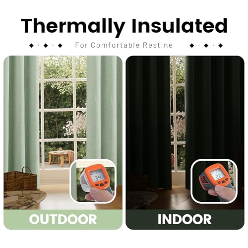 Image of COSVIYA Sage Green Linen Curtains 100% Blackout Grommet Drapes 90 Inches | Light Blocking Full Room Darkening Thermal Insulated Curtains for Living Room /Bedroom with Liner, 2 Panels, 52x90 inches