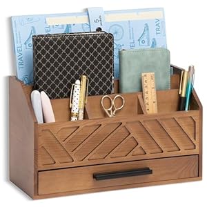 Brown Wood Desk Organizer and Accessories with Drawer, Bill Mail Organizer and File Mail Holder for Office Supplies, Modern Desk Accessories & Workspace Organizers for Desk Organization