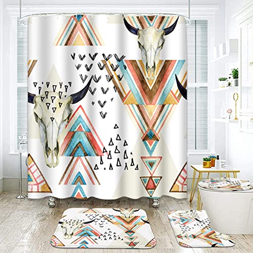 4 Pcs Shower Curtain Set, Western Aztec White Shower Curtain With Non-Slip Rugs, Toilet Lid Cover And Animal Skull And Geometric Bath Mat, Bathroom Sets Decorations 72" X 72" #TOP6