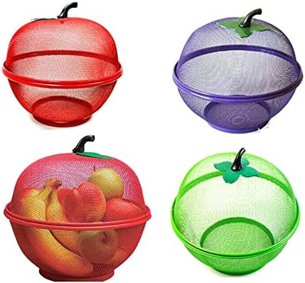 Fruit Bowl Basket Purple Apple Shape Mesh with Lid Space Saving Vegetable Storage Holder Rack Kitchen Dishwashing Drain Basket