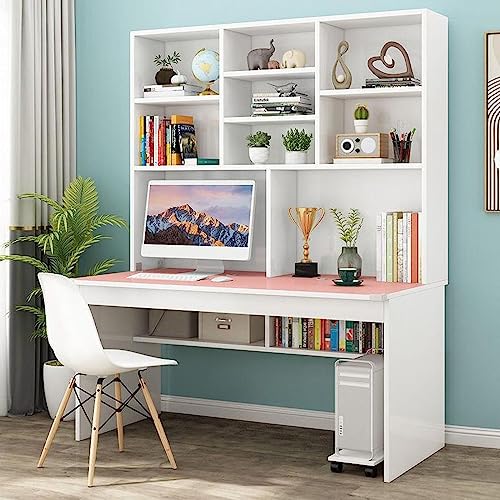 Escritorio rosa con estantería para espacios pequeños, mesa de estudio de madera para adolescentes y estudiantes, escritorio de oficina en casa con estante (47 pulgadas)