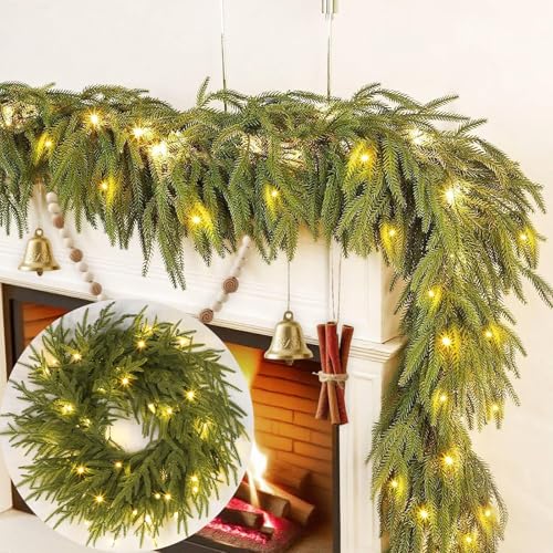 Prelit & Timer - 6 Ft by 10 Inch Lighted Christmas Garland Norfolk Pine Garland Real Touch Cedar Garlands Realistic Soft Thickness Greenery Garlands 120 Branches Tips for Table Mantle Fireplace Stairs by TURNMEON - Used condition - US$5.83