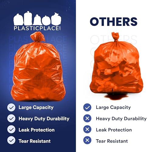 Image of Plasticplace 55-60 gallon Trash Bags │ 1.2 Mil │ Orange Heavy Duty Garbage Can Liners │ 38 inch x 58 inch (50 Count)