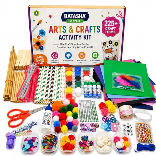 Image of Batasha Staples Arts & Crafts Activity Kit for Kids Ages 5-12 Years - 225+ Pieces DIY Craft Supplies Box with Paints, Beads, Feathers, Stickers, Pipe Cleaners & Decorative Accessories, School Project Materials, Creative Learning Toy for Boys & Girls (Assorted)