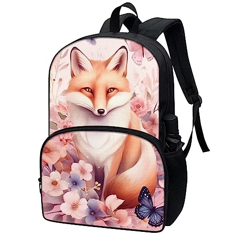 Illustration Style Floral Fox Backpack for Girls Middle Elementary School Student Lightweight Durable Basic Bookbag with Front Pocket Large Capacity 17 Inch Kids Cute Backpack2