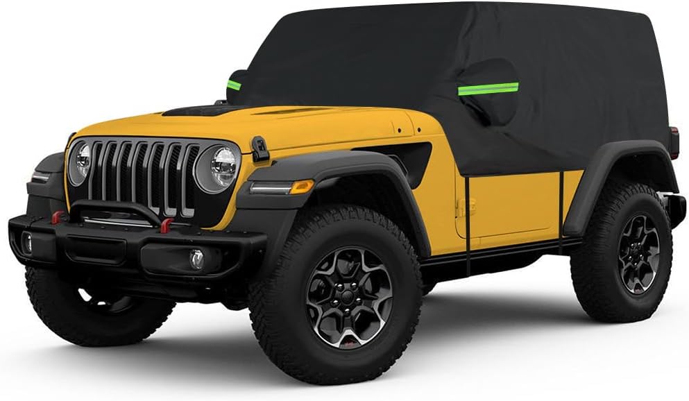 DZG Cab Cover Compatible with Wrangler JL JK YJ TJ 2 Door 1987-2024 Half Car Cover All Weather Waterproof Windproof UV Protection with Reflective Stripes Trunk Zipper