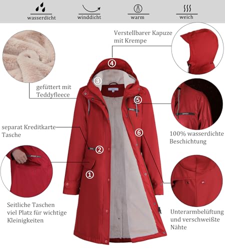 Peter Patter Regenmantel damen gefüttert mit Teddy-Fleece Regenjacke damen wasserdicht mit Kunstfell warm Friesennerz lang PU Windbreaker Regenparka für Winter,rot,38