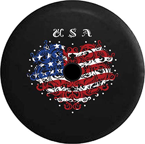 JL Series Spare Tire Cover with Backup Camera Hole American Flag Artistisc Heart Love United States Black 32 in