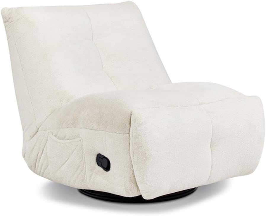 Pemberly Row 35.5" Swivel Glider Manual Recliner Chair, Faux Sherpa Fur Upholstery, Pine Wood Frame, White Finish, Oversized Gaming Lounge Chair for Living Room, Dorm, or Basement Game Space