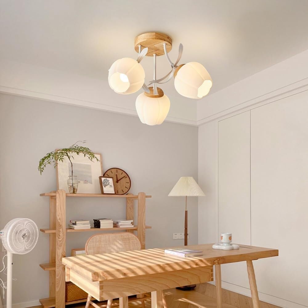 3-Head Ceiling Light Semi Flush Mount Ceiling Light Fixture Glass Flower Shape Ceiling Chandelier E27 Ceiling Lamp Wooden Base Chandelier for Closet Hallway Entryway Kid's Room