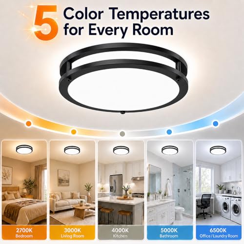 Image of 2 Pack 10inch 30W Flush Mount Ceiling Light Fixture, Dimmable & 3200lm Super Bright Energy-Efficient Black Ceiling Light, 2700K 3000K 4000K 5000K 6500K Adjustable Ceiling Lamps for Kitchen Hallway