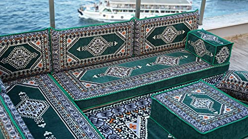 Green Moroccan Home Decor Cushion, 4" Thickness Corner Floor Seating Set, L Shaped Floor Couch, Sectional Sofa Set, Floor Pillows, Arabic Majlis (L Sofa Full Set, 4'' Thickness (10 Cm)) #TOP1