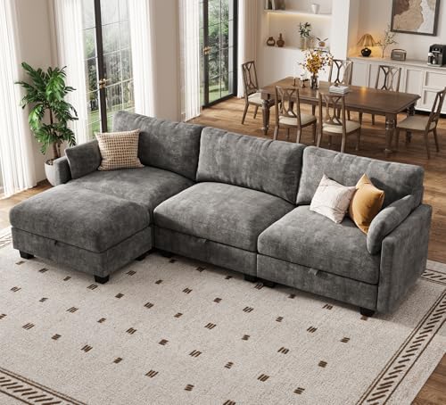 Image of Modular Sectional Sofa, 101 inch L Shaped Couch with Storage | High Resilience Foam, 22 inch Seat Depth, Movable Ottoman, Comfy Chenille, Easy Assembly, Dark Gray
