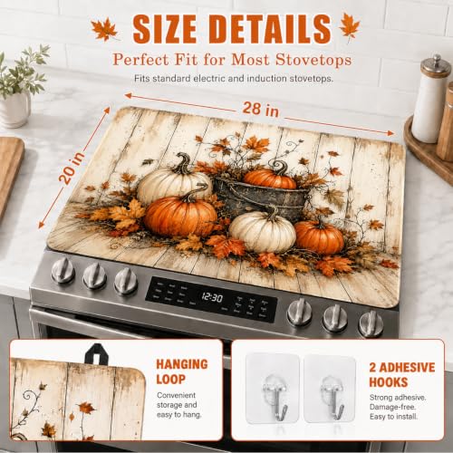 Image of Fall Pumpkin Stove Top Cover for Electric Stove 28 inchx 20 inch Wood Grain Background Heat Resistant Glass Top Stove Cover Protector, Glass Cooktop Covers, Kitchen Flat Stove Top Covers