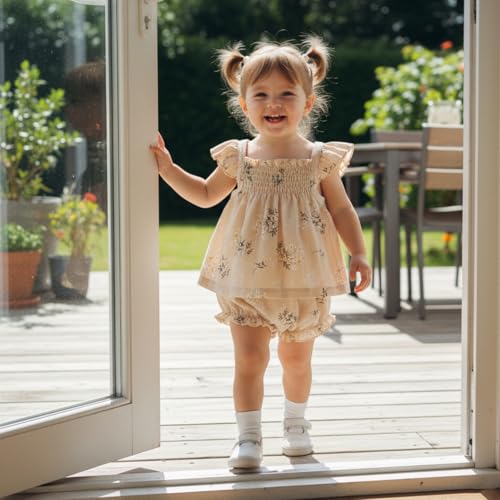 Summffie Infant Baby Girl Summer Clothes Ruffle Sleeveless Shirt Tank Tops Bloomers Shorts Set 2 Piece Cute Toddler Outfits (Floral Apricot, 3-6 Months)