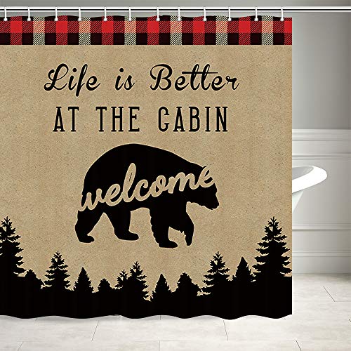 Rustic Cabin Bear Shower Curtain, Life Is Better at The Cabin And Woodland Forest Wild Animals Bear Retro Camping Welcome To The Cabin Shower Curtain, Polyester Shower Curtain For Bathroom, 69X70IN
